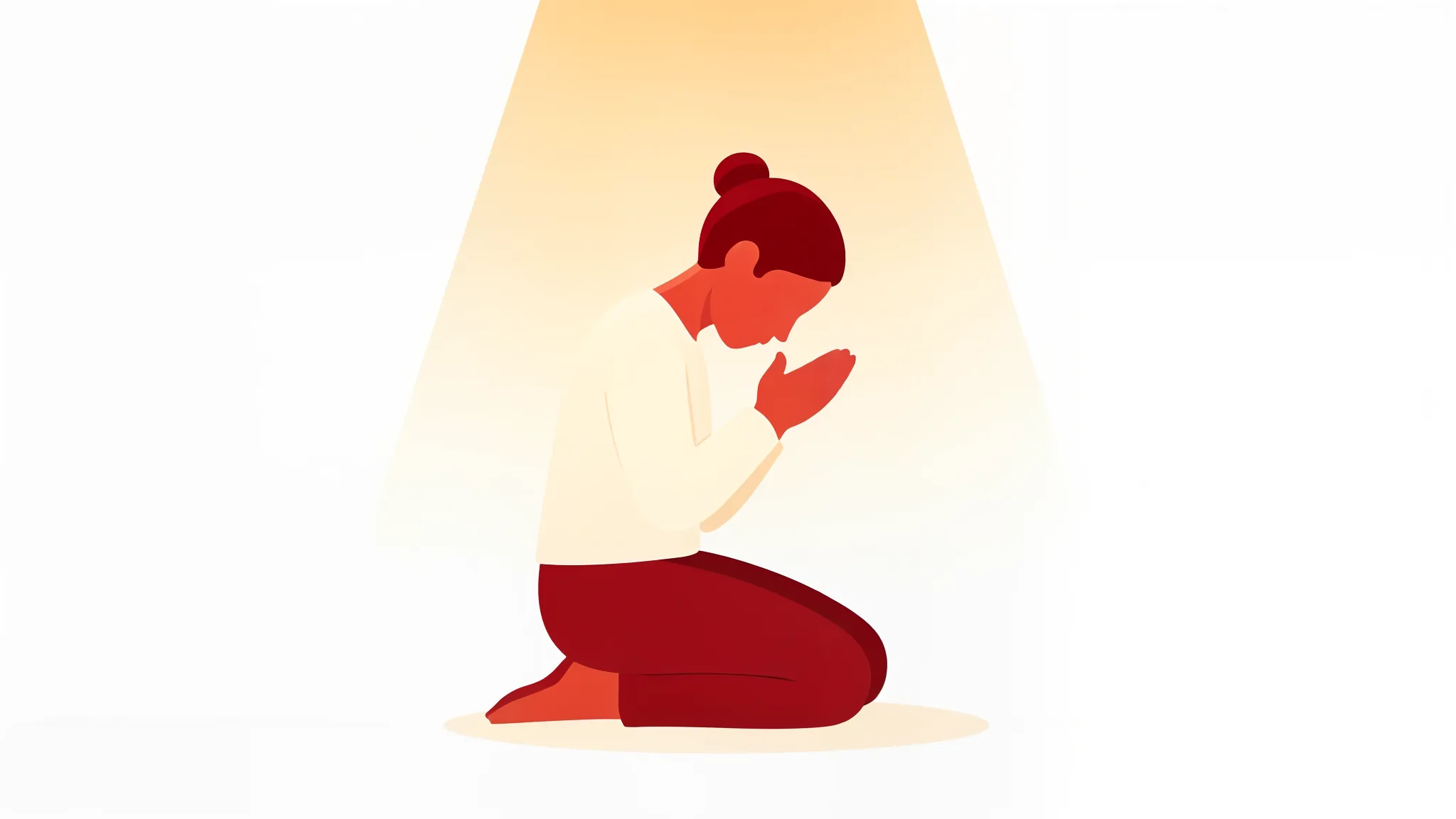A figure kneeling in prayer beneath a soft beam of light
